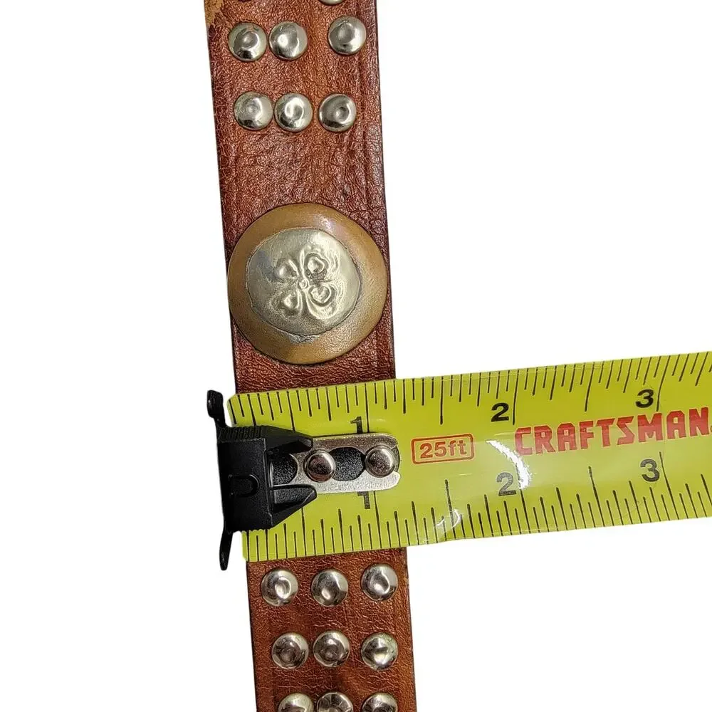 Vintage Brown Leather Studded Concho Belt Four Leaf Clover Silver Tone Boho